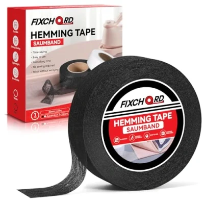 Abbildung von FIXCHORD Saumband, Saumband zum Aufbügeln, Bügelband kürzen für Vorhänge, Bügelkleber Textilien, Gardinen ohne Nähen (Schwarz, 30m x 30mm)