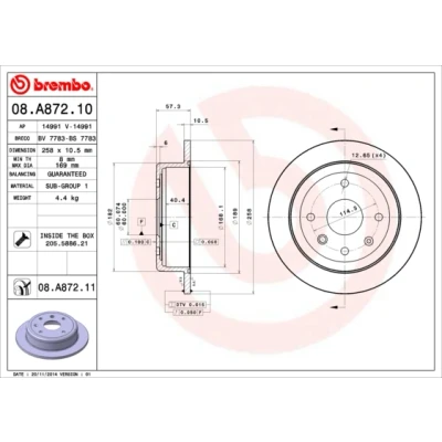 Abbildung von BREMBO COATED DISC LINE 08.A872.11 Bremsscheibe 258 10,5 4 voll beschichtet mit Schrauben CHEVROLET: Nubira Kombi, Lacetti Schrägheck, Kombi