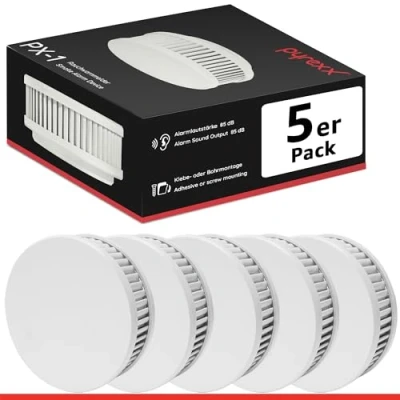 Abbildung von Pyrexx PX 1 Rauchwarnmelder 5 Stück 10 Jahre Batterie mit Magnet Halterung ohne Bohren und LED Blinken, Zertifiziert nach Q Label, Weiß