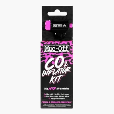 Abbildung von Muc Off Co2 Inflator Kit, MTB Pumpe Fahrrad für Mountainbikes mit Presta oder Schrader Ventilen Inklusive 2 Kartuschen Fahrrad, Pumpenkopf und Hülle.