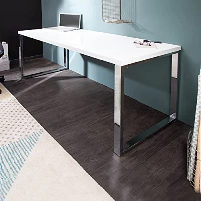 Abbildung von Design Schreibtisch White Desk 140x60 cm Hochglanz Weiß Tisch Chromgestell Bürotisch