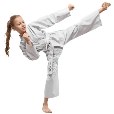 Abbildung von JELEX Kihaku Karateanzug Set aus Hose, Oberteil und Gürtel Für Erwachsene Kinder. Karate, Judo andere Kampfsportarten. Einsteiger Profis (130, kind weiß)