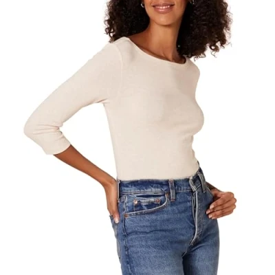 Abbildung von Amazon Essentials Damen Einfarbiges T Shirt mit U Boot Ausschnitt und 3/4 Ärmeln in schmaler Passform, Haferbeige Meliert, M