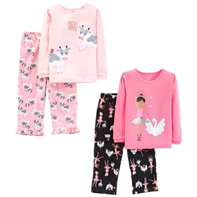 Abbildung von Simple Joys by Carter&#039;s Bambine e Ragazze 4 Piece Pajama Set (Cotton Top &amp; Fleece Bottom) Pyjamaset, Hellrosa/Rosa Kuh/Schwarz Ballerina/Schwäne, Jahre