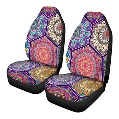 Abbildung von TOADDMOS Dekoratives buntes Mandalas Patchwork Autositzbezüge Set für 2 Vordersitze, Autozubehör, Dekoration, universelle Passform Auto, LKW, SUV