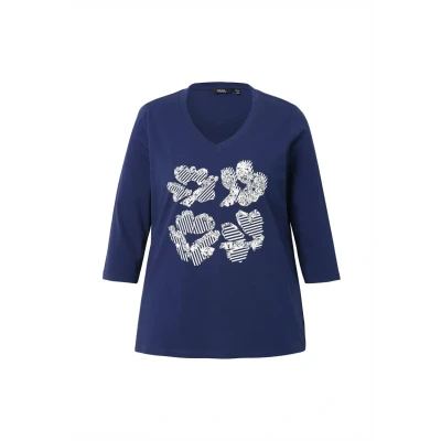 Abbildung von Ulla Popken Floral Graphic Vneck Langarmshirt, Damen, Größe: 46/48, Inky blue