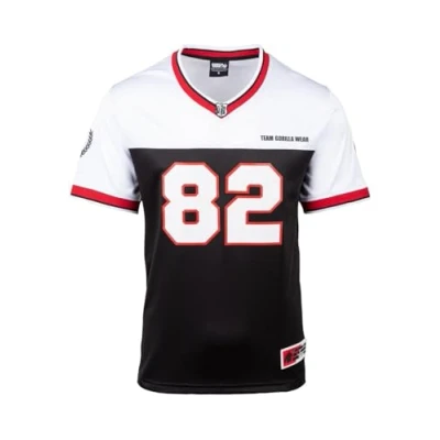 Abbildung von Gorilla Wear Trenton Football Jersey V Ausschnitt Bodybuilding Polyester (DE/NL/SE/PL, Alphanumerisch, M, Regular, Schwarz/Weiß)