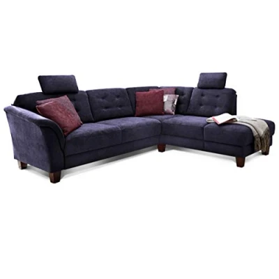Abbildung von Cavadore Ecksofa Trond mit Ottomane rechts / Federkern Sofa im Landhausstil 2 Kopfstützen und Vorziehsitz Bettkasten 260 x 89 214 Webstoff blau