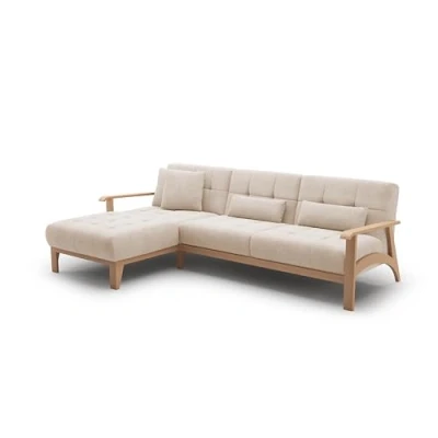 Abbildung von Cavadore Ecksofa Billan / Eckcouch im skandinavischen Design mit Longchair und massivem Holzgestell in Buche 264 x 88 183 Mikrofaser, Beige