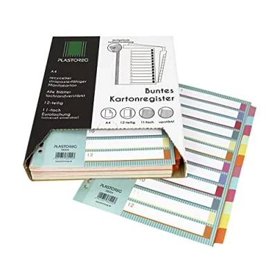 Abbildung von 12er Pack 12 teiliges DIN A4 Register/Trennblätter aus recyceltem Karton, in praktischer Spenderbox, verstärkte Lochung mit Deckblatt, Trenn Blätter 6 Farben für die perfekte Ordner Organisation