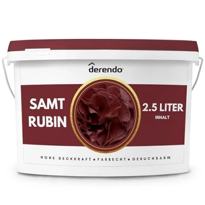 Abbildung von derendo Exklusive Wandfarbe rot 2,5L, hohe Deckkraft, Dispersionsfarbe innen, Innenwandfarbe Raumfarbe Samt Rubin, Deckkraftklasse 2, hochdeckende Innenfarbe Profi Qualität
