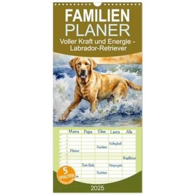 Abbildung von Familienplaner 2025 Voller Kraft und Energie Labrador Retriever mit 5 Spalten (Wandkalender, 21 cm x 45 cm), CALVENDO