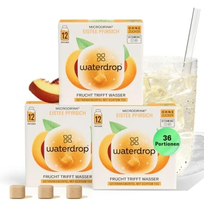 Abbildung von waterdrop® Microdrink Eistee Pfirsich, 36 Ice Tea Drops Würfel, Zuckerfreie Getränkewürfel, Kalorienarm, wertvolle Vitamine, Schwarzer Tee mit Pfirsichgeschmack
