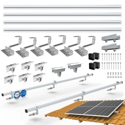 Abbildung von NuaSol PV Photovoltaik 2er Montage Set Ziegeldach Befestigung Schiene Dachhaken inkl.Solar Aluprofil ,Endkappen , 35 mm Endklammern bis 115 cm Breite pro Modul und Höhe,Silber