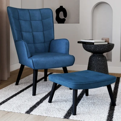 Abbildung von IDMarket Skandinavischer Sessel Ania mit Fußstütze, Velours, Blau