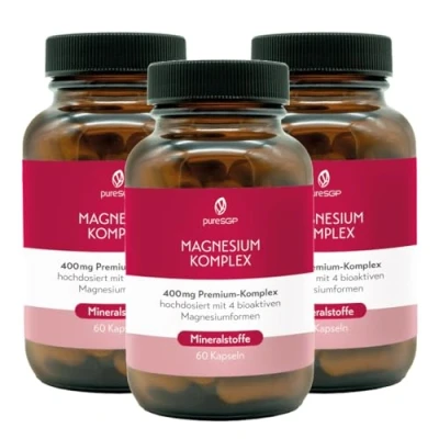 Abbildung von pureSGP® Magnesium Komplex 400 mg reines Premium aus 4 hochwertigen Magnesiumformen. Hohe Bioverfügbarkeit. Labor geprüft, hochdosiert. Vegan (3er Pack (180 Stück))