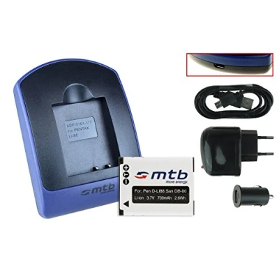 Abbildung von Akku + Ladegerät (Netz+Kfz+USB) für Pentax D Li88 / Panasonic VW VBX070 Sanyo DB L80 Toshiba PX1686... s. Liste