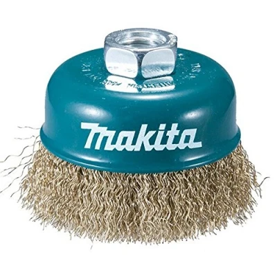 Abbildung von Makita D 39780 Topfbürste Ø 90 mm, gewellt, fein, vermessingt, M14 Gewinde Aufnahme, feine Drahtbürste zum Entrosten, Entzundern, Aufrauen und Reinigen von Stahl