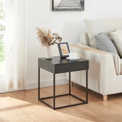 Abbildung von [en.casa] Beistelltisch Rautjärvi Sofatisch mit Schublade Couchtisch Dekotisch Nachttisch Wohnzimmertisch Kaffeetisch aus Stahl 50x43x41cm Schwarz