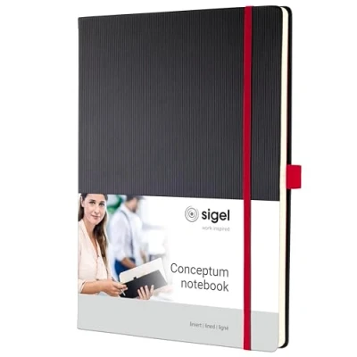 Abbildung von SIGEL CO661 Premium Notizbuch liniert, A4, Hardcover, 194 nummerierte Seiten, schwarz, rot, nachhaltiges Papier, mit Inhaltsverzeichnis, Stiftschlaufe, Falttasche, Gummibandverschluss, Conceptum