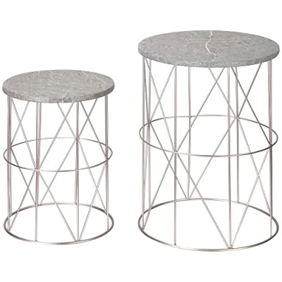 Abbildung von 2er Set Gartentisch Couchtische Beistelltische Retro Metallkorb Drahtkorb Garten Satztisch Gartenmöbel Outdoor Balkon Metall Rose+Gold+Grau Ø41 x 46 cm