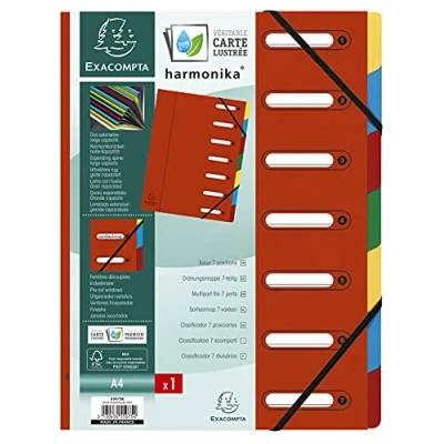 Abbildung von Exacompta 55075E Premium Ordnungsmappe Harmonika. Aus extra starkem Colorspan Karton DIN A4 7 Fächer und 2 Gummizüge mit Indexfenster dehnbarem Rücken Register Mappe rot