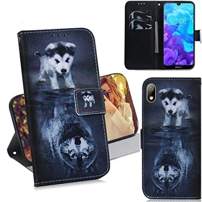 Abbildung von DodoBuy Huawei Y5 2019 Hülle Flip PU Leder Schutzhülle Handy Tasche Case Cover Wallet Standfunktion mit Kartenfächer Magnetverschluss für Hund Wolf