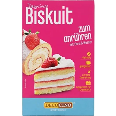 Abbildung von DECOCINO Biskuit Backmischung (250 g) einfache Zubereitung gelingsicher zum Backen von luftigen Biskuitböden, Creme Torten, Biskuitrollen uvm.
