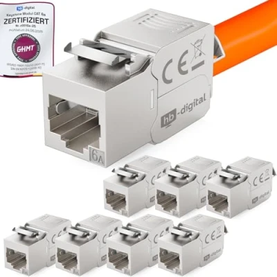 Abbildung von HB DIGITAL 8x CAT 6a Keystone RJ45 Modul Buchse für LAN Kabel GHMT Zertifiziert 10 Gbit/s bis 500 MHz AWG 22 24 werkzeuglos LSA vollgeschirmt STP Einbaubuchse Patchpanel und Netzwerkdose