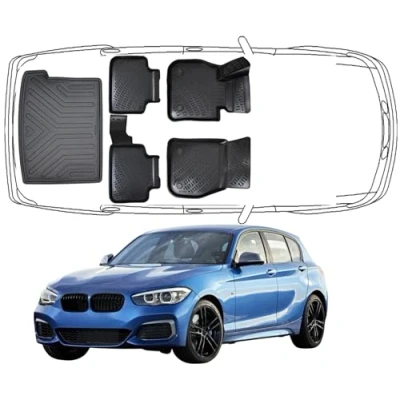 Abbildung von Trimak Passgenau 3D Fussmatten &amp; Kofferraumwanne Auto Set Kompatibel mit BMW 1 F20 2011 2019 Zubehör Gummimatten Kofferraummatte Autos TPE Allwetter Geruchlos rutschfest Schwarz