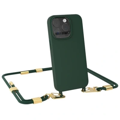 Abbildung von EAZY CASE Handykette mit Karabiner kompatibel iPhone 15 Pro Hülle Silikon Fallschutz Handyhülle für Kette zum Umhängen Schutzhülle Mikrofaser in Pinien Grün Clips Gold