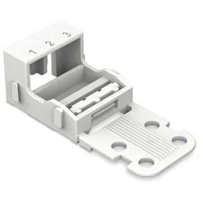 Abbildung von WAGO Befestigungsadapter 221 523 für 3 Leiter Klemmen, 4 mm², 10 Stück, mit Rastfuß, geeignet stehende Montierung von Verbindungsklemmen, weiß