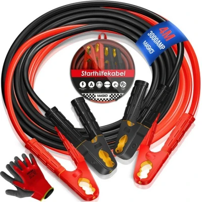 Abbildung von MASKO® Starthilfekabel Überbrückungskabel für Benzin und Dieselmotoren, 6/12/24 Volt. Auto Motorrad Starterkabel aus Kupfer inkl. Handschuhe Tragetasche 2 x 4m / 30mm² 1500amp