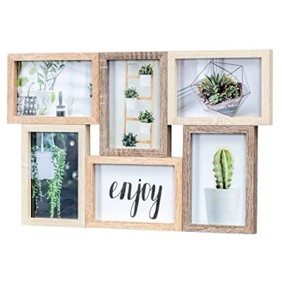 Abbildung von Levandeo® Bilderrahmen Collage, 6 Fotos 10x15 Fotorahmen Natur Eiche Holz Glas Wanddeko