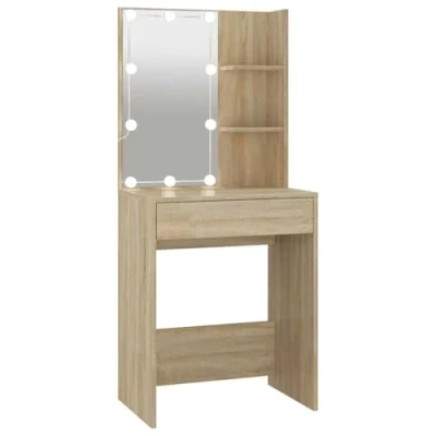 Abbildung von vidaXL Schminktisch mit LED Stauraum Frisiertisch Kommode Frisierkommode Kosmetiktisch Spiegel Beleuchtung Schlafzimmer Sonoma Eiche 60x40x140cm