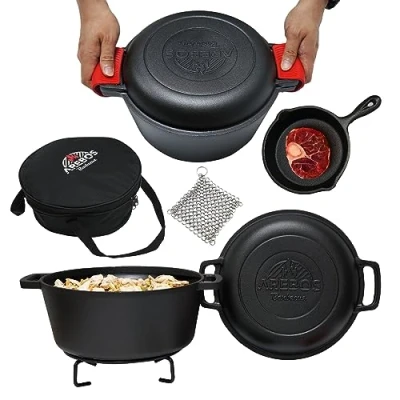 Abbildung von Arebos Grilltopf BBQ Dutch Oven 2in1 Gusseisen Topf Grill Gusstopf Feuertopf Schmortopf, (Set)