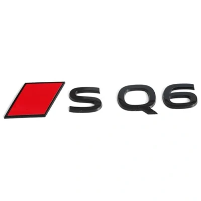 Abbildung von Audi 85H853740B5FQ Schriftzug SQ6 Emblem Aufkleber Modellbezeichnung Modellschriftzug, schwarz, mit Sport Raute in rot