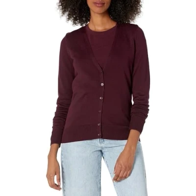 Abbildung von Amazon Essentials Damen Leichter Cardigan mit V Ausschnitt (in Übergröße erhältlich), Burgunderrot, XL Große Größen