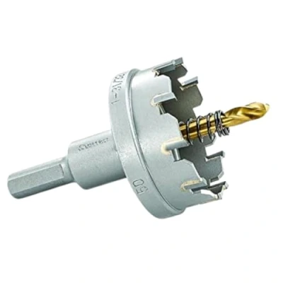 Abbildung von Starrett Hartmetall bestückte Lochsäge SM50 Blechschneider mit Aufnahme und Zentrierbohrer zum Bohren von Edelstahl Aluminiumlegierungen 50 mm