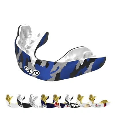 Abbildung von OPRO Instant Custom Fit Mundschutz, vom Zahnarzt angefertigter für ultimativen Komfort, Schutz, und Passform. Zahnschutz Rugby, Boxen, Hockey, MMA (Blaue Tarnung, Erwachsene)