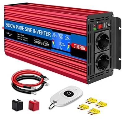 Abbildung von ETREPOW Spannungswandler 3000w 24v Auf 230v Reiner Sinus Wechselrichter mit 2 EU Steckdose und Einer 2,1A USB,Drahtlose Fernsteuerung,LCD Bildschirm 1 Lüftern Spitzenleistung 6000w Kfz Konverter …