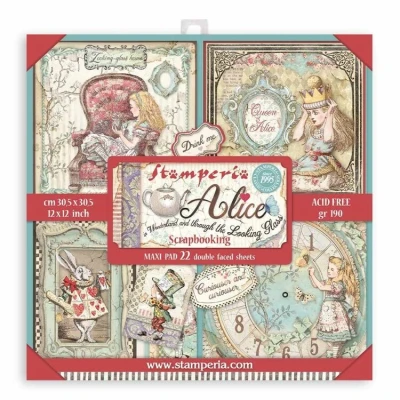 Abbildung von Stamperia SBBXL12 Pad Double Sided Sheets Wonderland Scrapbooking Block, doppelseitig, Motiv Alice im Wunderland &amp; Through The Looking Glass, Papier, Verschieden, 12 x cm, 3 Piece