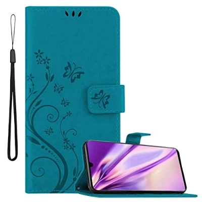 Abbildung von Cadorabo Hülle kompatibel mit Huawei P30 PRO Blumen Design aus Premium Kunst Leder Flip Klappbare Stoßfeste Magnetische [Standfunktion] [Kartenfächern] Cover für Tasche in Blau