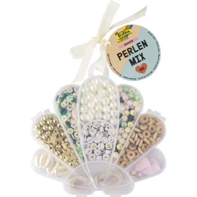 Abbildung von folia 32020 Perlen Mix SEASIDE, 535 Stück in verschiedenen Formen und Farben, Inkl. 2,2 m Gummiband zum auffädeln Aufbewahrungsbox