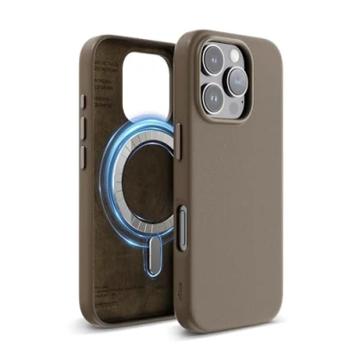 Abbildung von elago Magnetisch Leder Hülle Kompatibel mit iPhone 16 Pro 6,3 Zoll, Allen MagSafe Zubehör, Eingebaute Magnete, Veganes Leder, Stöße, Wasserfest (Braun)