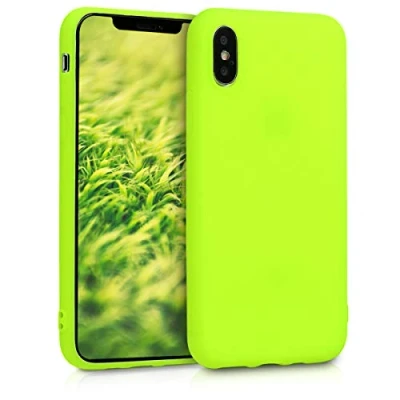 Abbildung von kwmobile Hülle kompatibel mit Apple iPhone XS weiches TPU Silikon Case Cover geeignet für kabelloses Laden Neon Gelb