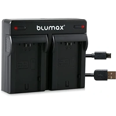 Abbildung von Blumax Mini Dual Ladegerät für Sony NP F970 / F960 Charger passend zu F750 F550 F990 2 Akkus gleichzeitig Laden inkl.Micro USB Kabel