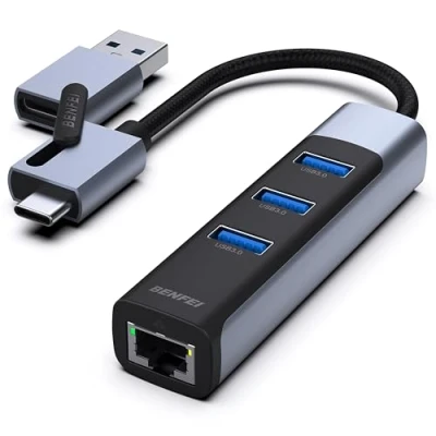 Abbildung von BENFEI Ethernet Adapter mit 3*USB 3.0, USB Typ C/Typ A auf Gigabit LAN Netzwerk Adapter, kompatibel für iPhone 15 Pro/Max, MacBook Pro/Air 2023, iPad Pro, iMac, S23, XPS 17 USW