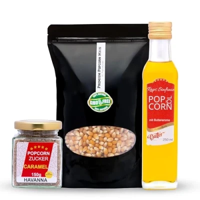 Abbildung von Hopser Food Fun Partyset 500g Popcornmais,250ml Popcorn mit Butteraroma und 150g Karamellzucker Popcornset für Popcornmaschine