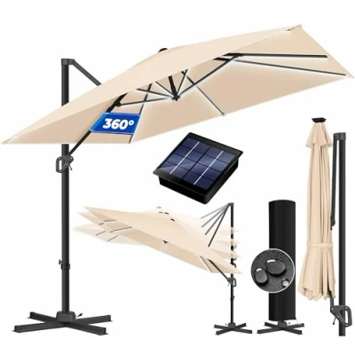 Abbildung von KESSER® Sonnenschirm LED Solar Ampelschirm SUN XL 300 x cm Inkl. Abdeckung +Windsicherung Drehbar Neigbar Kippbar Marktschirm Groß 360 Rotation, Gartenschirm mit Kurbel Sonnenschutz, Beige